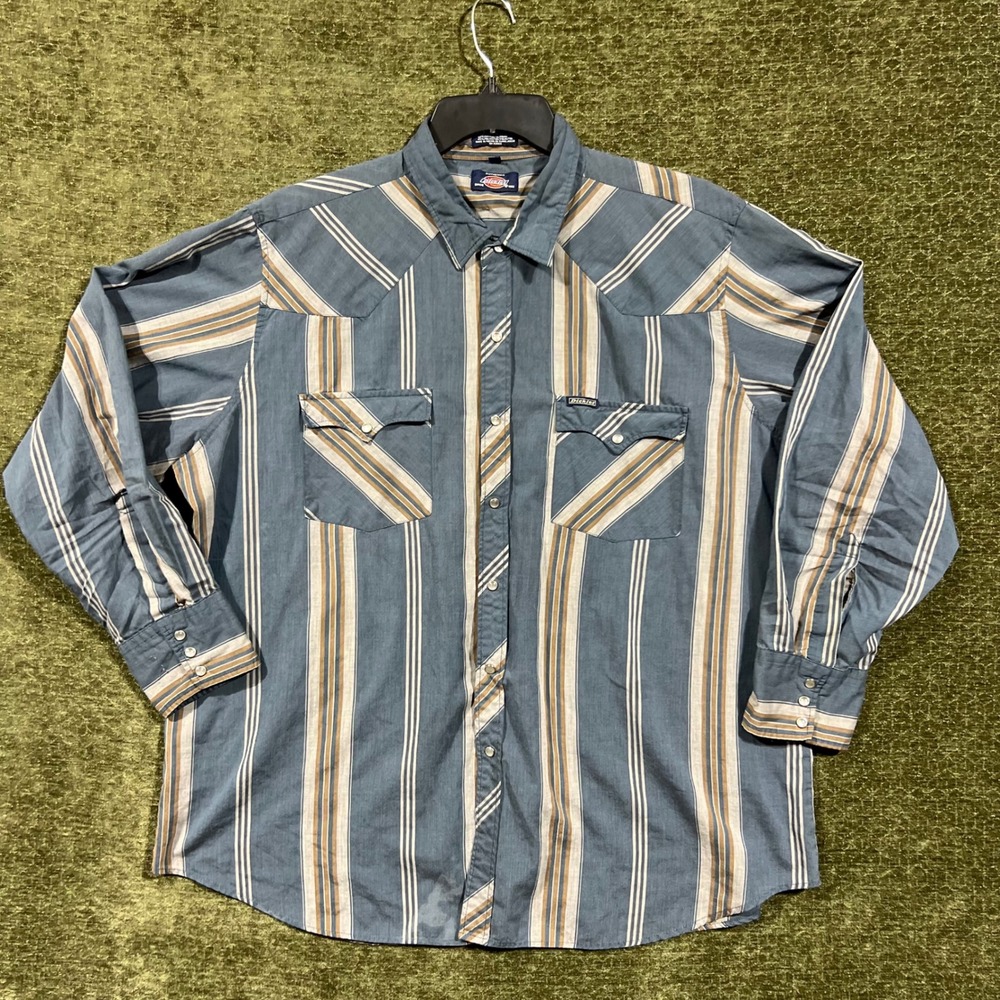 Dickies Western Pearl Snap Shirt Mens 2XL Blue Striped Long Sleeve Yoke Pocket